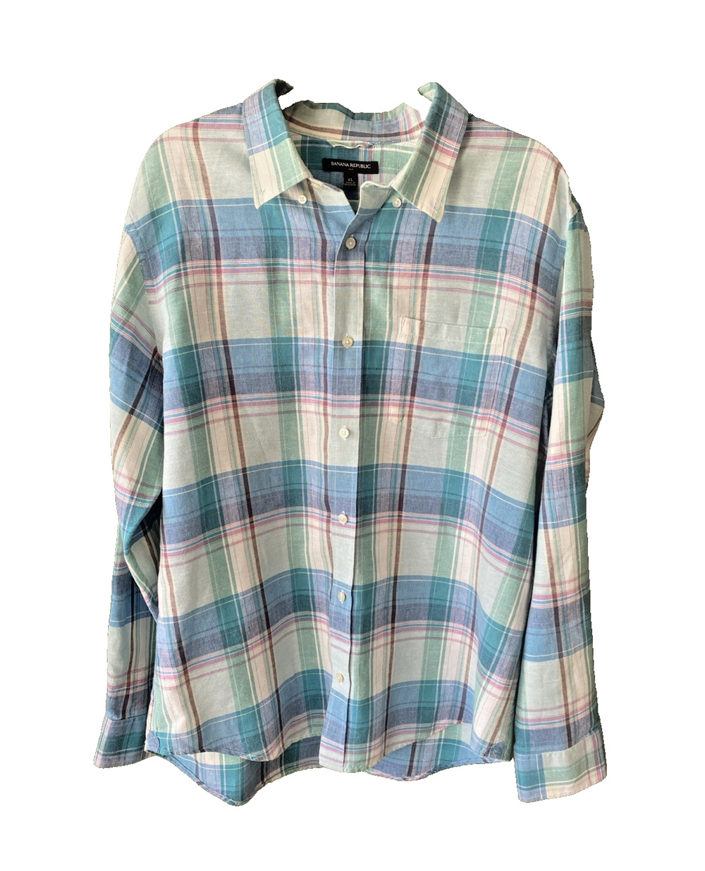 Banana Republic Shirt Mens XL Green Blue Plaid Linen Long Sleeve Office Preppy